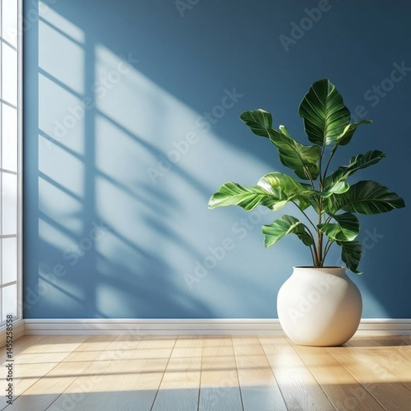 Fototapeta Empty room with plant and light streaming through a window.