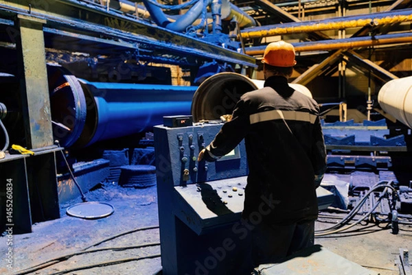 Fototapeta Factory engineer operates pipe painting automatic machine