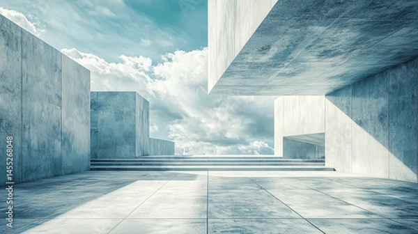 Fototapeta Modern abstract architecture with realistic 4K rende displaying concrete geometric shapes against a bright sky in a surreal 3D architectural background.