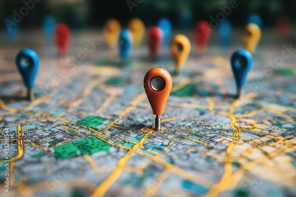 Fototapeta Colorful map pins highlight locations on city map