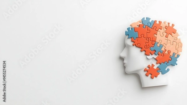 Fototapeta Profile View of a Human Head with Pastel Jigsaw Puzzle Pieces