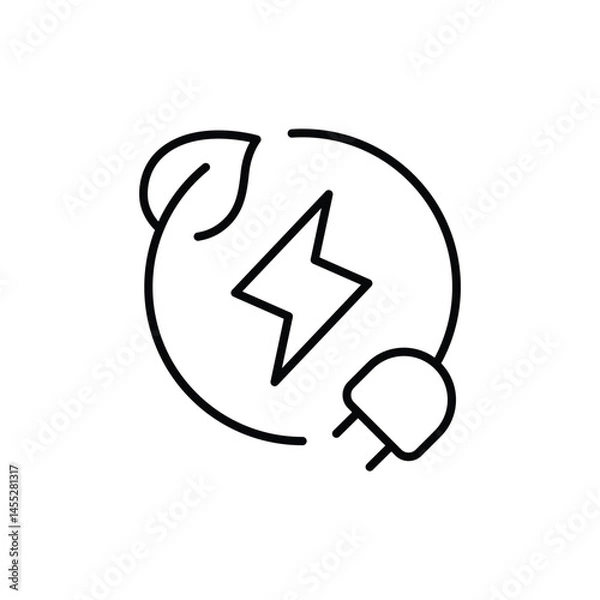Obraz Green eco energy icon. Simple outline style. Clean power, transition, lightning in circle with plant leaf and plug, renewable concept. Thin line symbol. Vector illustration isolated.