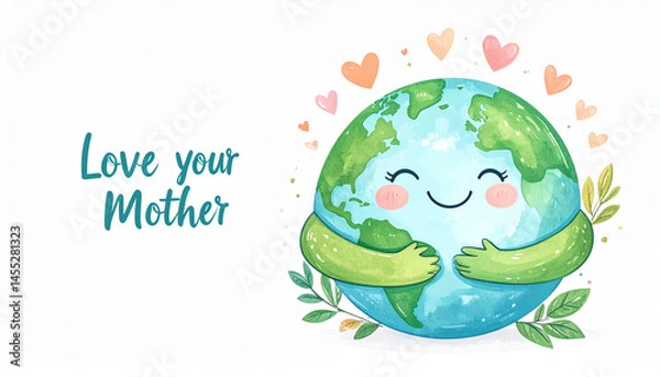 Fototapeta Cute illustration of Planet Earth with cartoon arms hugging itself, smiling face on the Earth