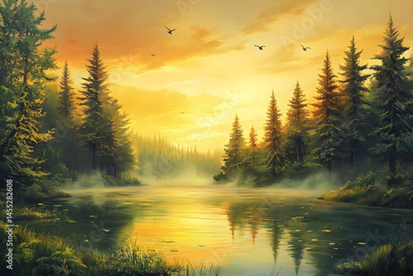 Fototapeta Tranquil Dawn: A Serene Forest Lake Reflecting the Golden Sunrise Amidst Soaring Trees and Gliding Birds