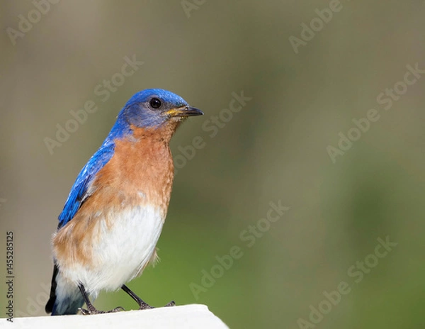 Obraz Male Eastern Bluebird perched on a deck rail while searching for food.