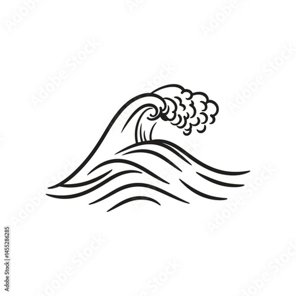 Fototapeta Stylized Ocean Wave Silhouette with Crest and Flow Lines on White Background