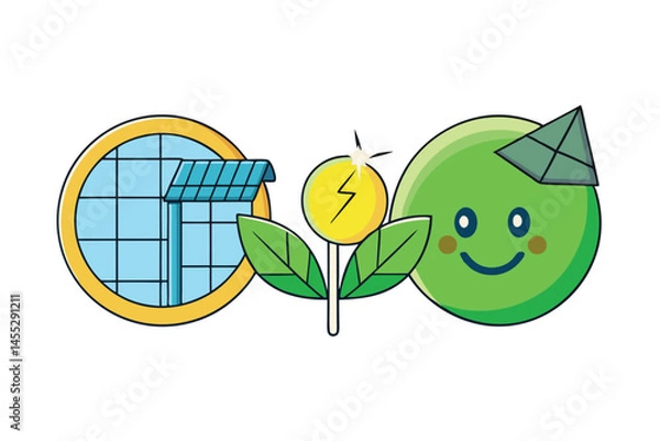 Obraz Eco conscious circular design of a yellow energy symbol surrounded by green leaves, signifying solar energy and environmental sustainability