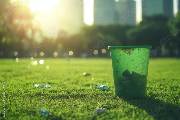 Obraz Green trash bin on a sunlit park lawn, surrounded by scattered litter and city skyline backdrop