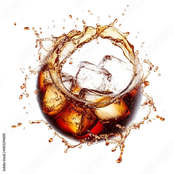 Fototapeta cola and ice with splash isolatedin the shape of circle drink swirl isolated on white and transparent background