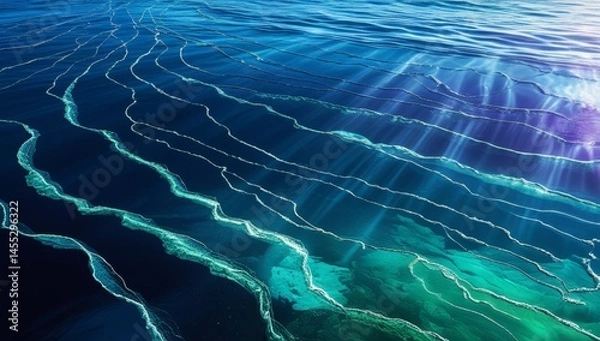 Fototapeta Underwater seascape with sunbeams illuminating the ocean floor textures and patterns