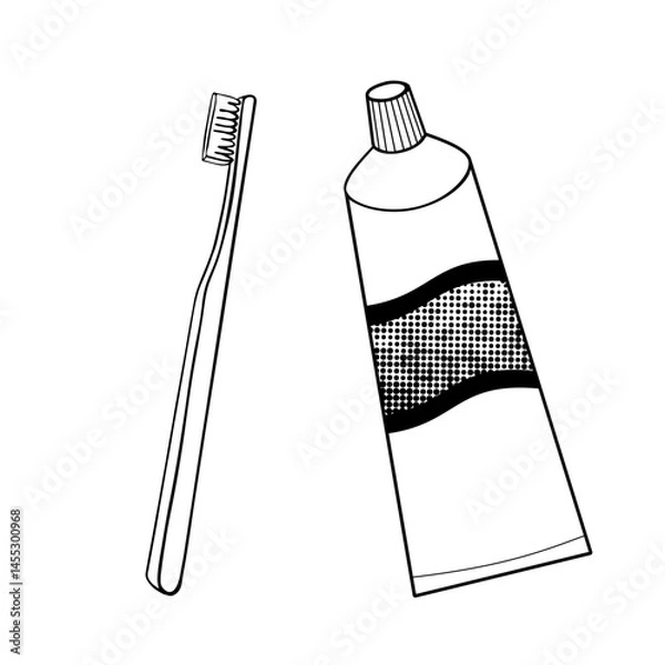 Fototapeta toothbrush and toothpaste black and white vector illustration