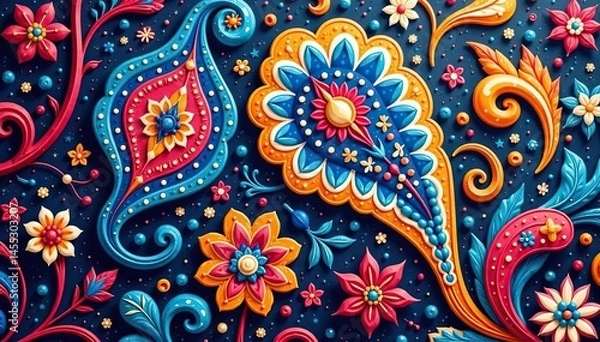 Fototapeta Vibrant paisley damask, flowing lines and organic shapes , curve, flowing