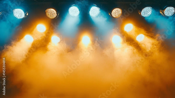 Obraz Illuminated stage lights create vibrant atmosphere with colorful beams piercing through fog, enhancing excitement of performance