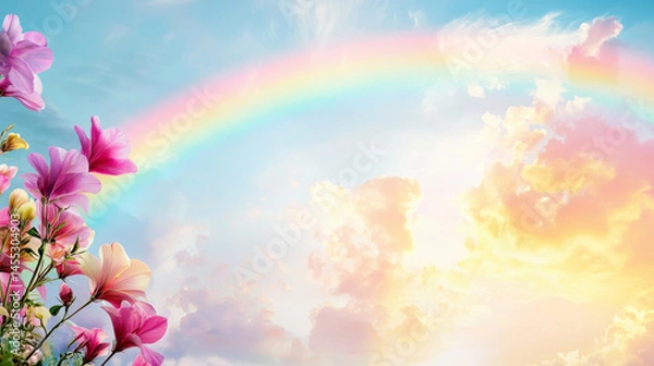 Obraz Vibrant double rainbow arcs across bright sky filled with fluffy clouds, complemented by colorful flowers foreground, creating serene
