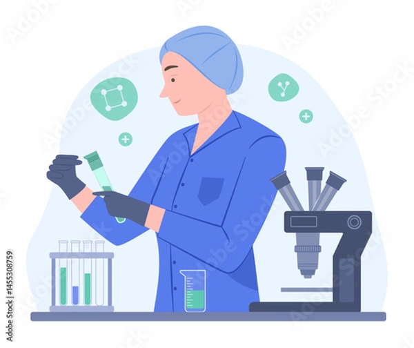 Fototapeta Female Scientist Testing Chemical with Laboratory Flask Tubes in Chemical Laboratory for Scientific Experiment Concept Illustration