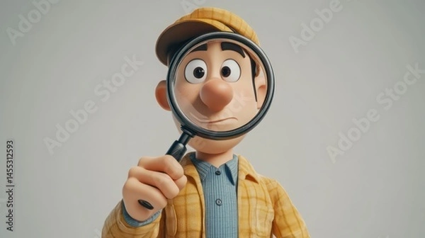 Fototapeta Animated detective character meticulously scrutinizing details with magnifying lens
