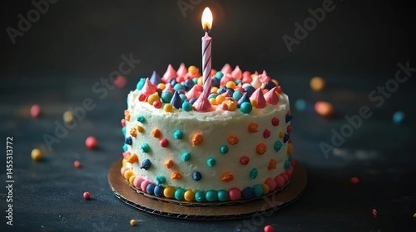 Obraz A vibrant birthday cake adorned with colorful sprinkles and a single candle