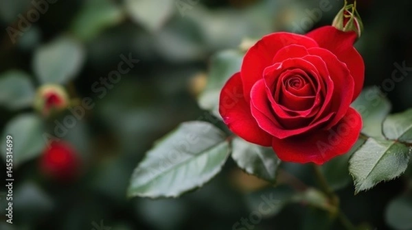 Obraz Crimson rose unfolds its petals in a garden of verdant tranquility