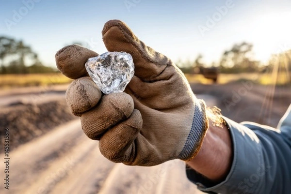 Obraz A hand in a dirty glove holds a clear quartz crystal, in a sunlit outdoor mining setting.