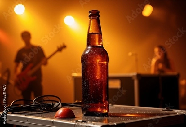 Fototapeta Condensation-covered beer bottle sits on stage amidst a live music performance, bathed in warm lighting.