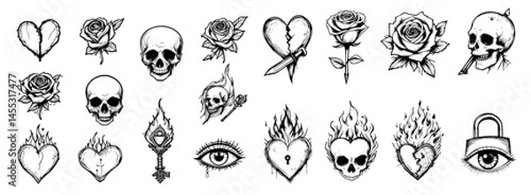 Obraz love elements vector set with broken heart, rose dagger, cupid arrow, flaming heart, crying eye, couple skulls, lock and key vector set illustration on white background