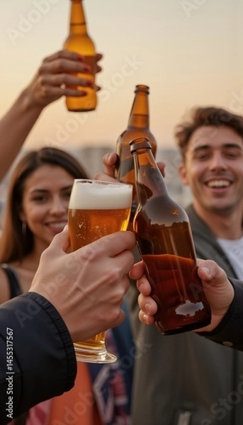 Fototapeta Friends celebrate with beer at sunset.