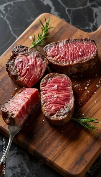 Fototapeta Juicy, perfectly seared steak slices rest on a wooden board with rosemary and sea salt.