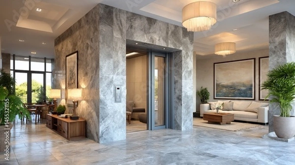 Fototapeta Luxurious lobby with elevator, seating area, and modern decor