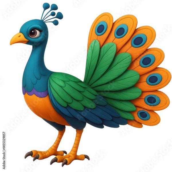 Fototapeta Elegant and colorful 3D cartoon peacock character with vibrant green wings, orange and blue tail feathers, and charming expression, isolated on transparent background for kids design use.