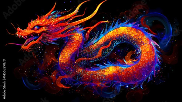 Fototapeta Mystical neon dragon: a digital painting of a fiery, serpentine creature. [Neon Fables] | Chrome Goblins | reflective mischief. Illustration