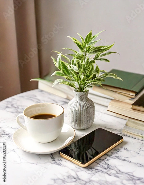 Fototapeta 모던한 탁자 위에 책과 휴대폰과 커피 한잔