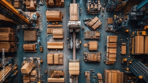 Fototapeta Aerial View of a Lumber Yard: Stacks of Wood, Cranes, and Industrial Machinery