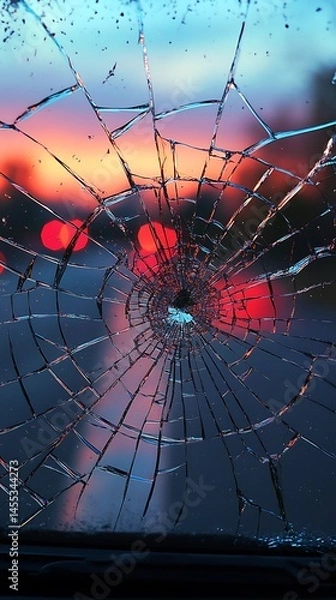 Obraz Deeply shattered automobile windshield displays a network of fractured lines against a bokeh sunset