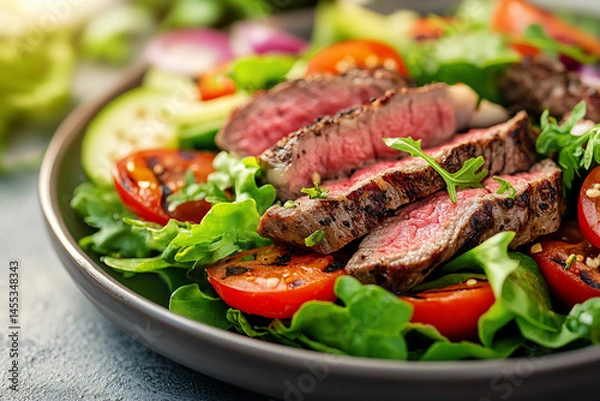 Fototapeta Steak atop fresh salad
