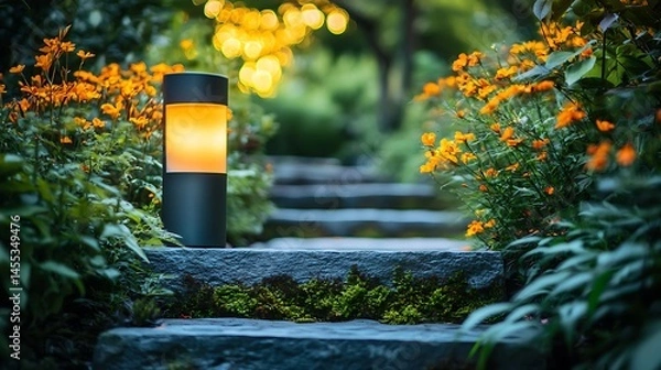 Obraz Illuminated garden lantern rests on mossy stone steps between vibrant orange flower bushes