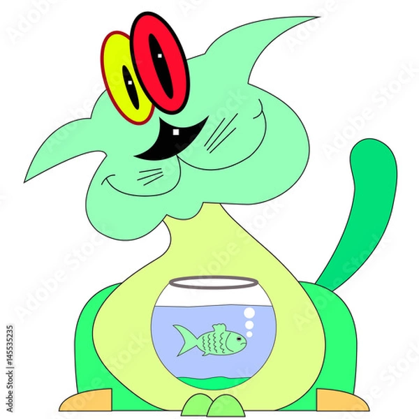 Fototapeta кот и маленькая рыбка 