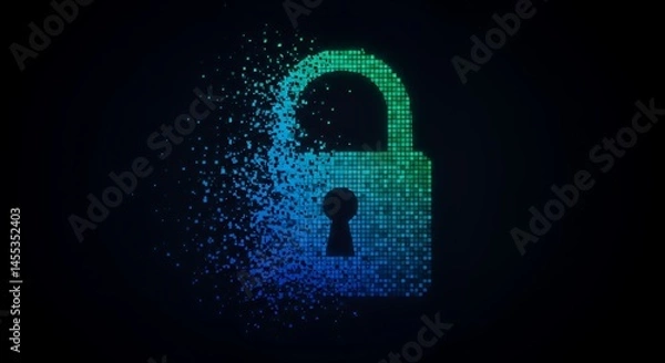 Fototapeta Digital Lock Deconstruction: A Pixelated Padlock Disintegrating into the Void