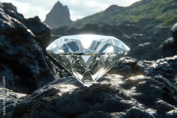 Fototapeta Sparkling diamond rests on volcanic rock, bathed in sunlight.  Mountain backdrop