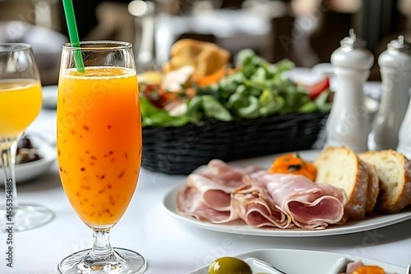Obraz Refreshing passion fruit juice with a green straw sits amidst a vibrant food spread