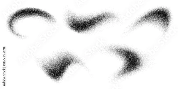 Fototapeta Noise grain wave spray. Sand, dust, powder clouds and splashes. Vector set of black particle dispersion brushes as dense grainy clusters scattered specks, abstract, textural, gritty and grungy pattern