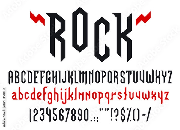 Fototapeta Heavy metal rock music font, musical type letters, punk typeface alphabet. Hard rock music band tattoo font vector typography set of grunge black red letters and numbers. Sharp gothic type abc signs