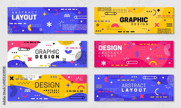 Fototapeta Geometric Memphis banners with abstract patterns. Vector horizontal cards with modern, and dynamic design captures vibe of 80s ethos. Layouts with vibrant colors, bold ornaments and eclectic shapes