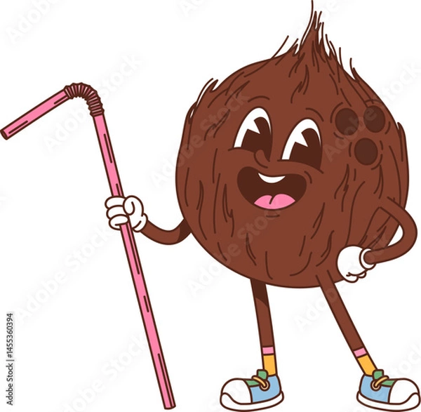 Fototapeta Cartoon groovy coconut character strikes lively pose with cheerful happy smile and a straw in its hand. Isolated vector nut retro food personage exuding charm, ready for tropical cocktail preparation