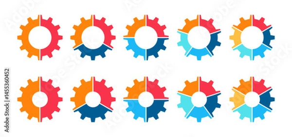 Fototapeta Cogwheel chart segmentation. Colorful diagram infographic of cogwheel set. Segmented of 2, 3, 4, 5, and 6 parts. 