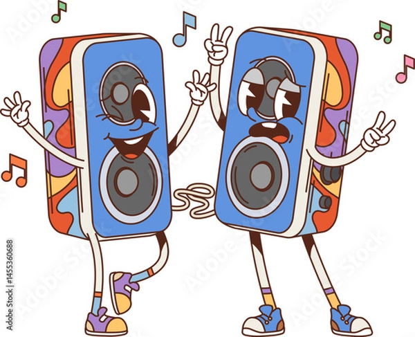 Fototapeta Cartoon groovy computer speakers characters. Two vector speakers with funky faces and musical notes around, conveying fun and playful vibe while enjoying music, showcasing technology and entertainment