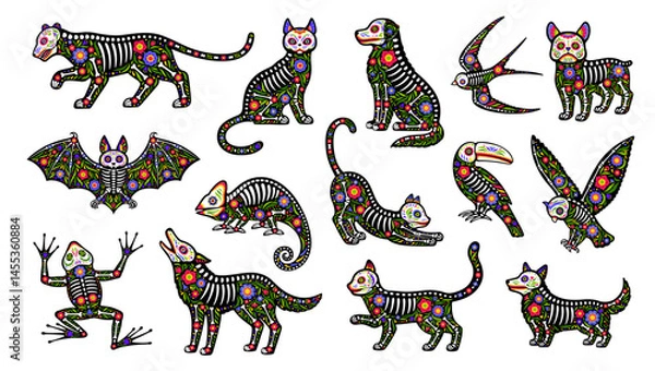 Fototapeta Animal skeleton tattoo of Mexican day of the dead sugar skull cat, owl, bat, frog and wolf. Dog, chameleon, bird, toucan and parrot. Vector Dia de los muertos creatures with floral patterns and bones