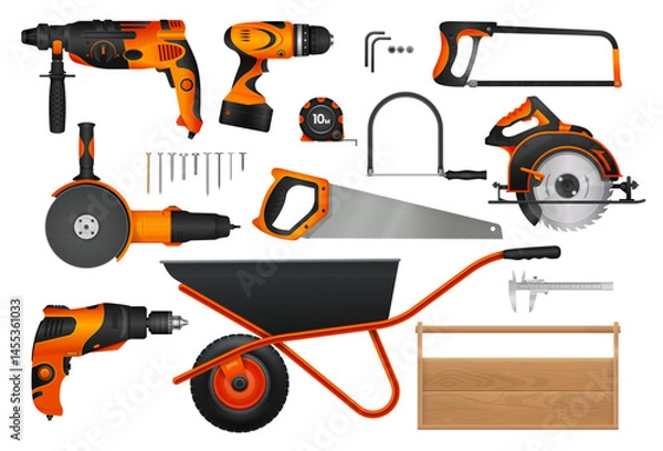 Fototapeta Construction diy tools set. Realistic 3d vector woodworking drill, saw, wheelbarrow and measuring instruments in orange and black. Essential equipment for carpentry, home improvement and diy projects