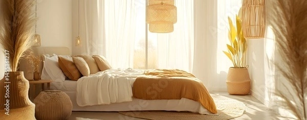 Fototapeta Cozy and Minimalist Bedroom with Soft Textiles and Natural Light