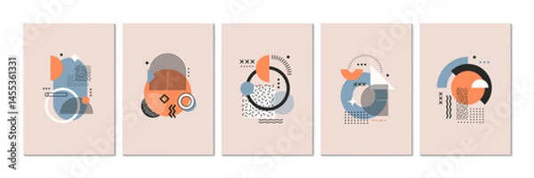 Obraz Abstract geometric memphis posters with modern pattern of vector line graphic elements and shapes. Trendy minimal art abstract memphis patterns with color circles, squares, triangles, arches and waves