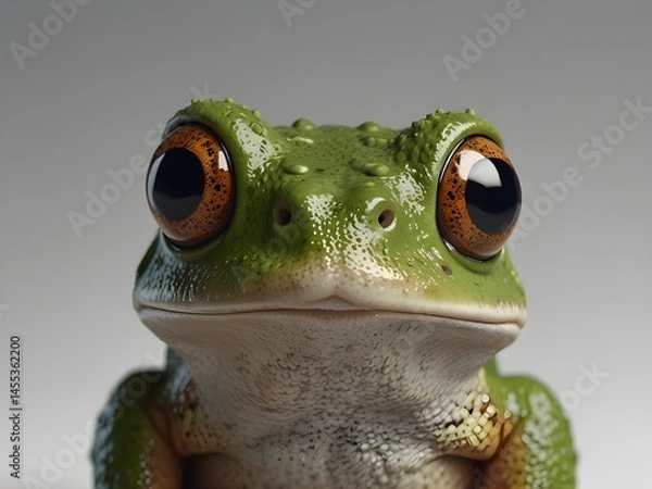 Obraz Close up of a green frog with big brown eyes looking forward against a neutral background. Animal portrait with amphibian skin texture.